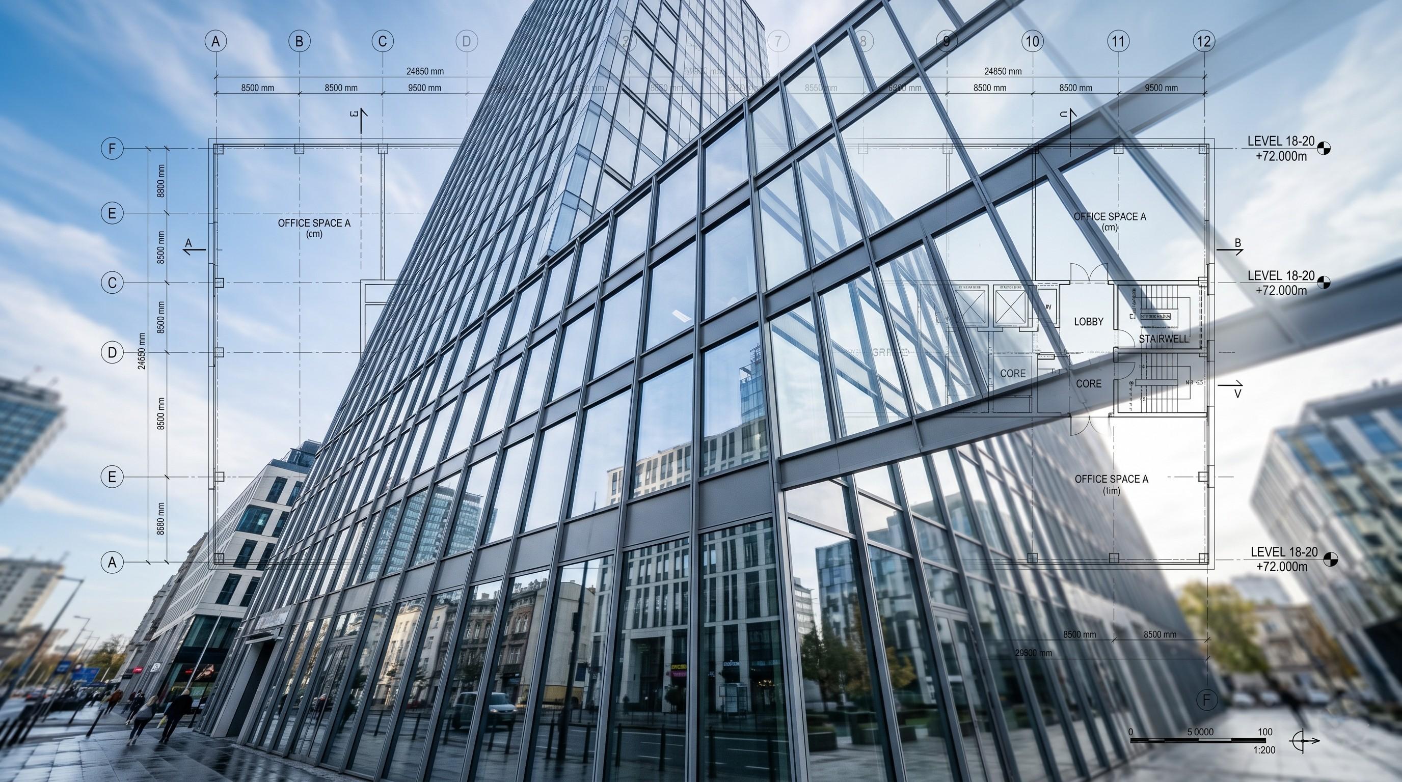 Glass building with floor plan overlay