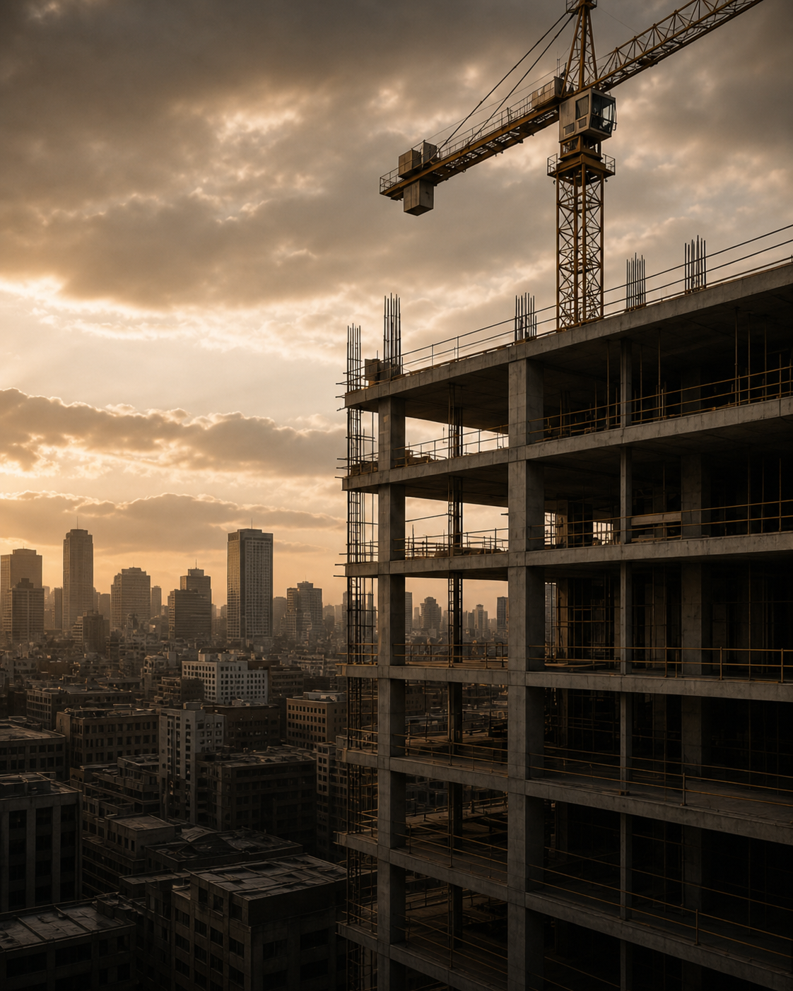 Concrete development frame and tower crane above a city