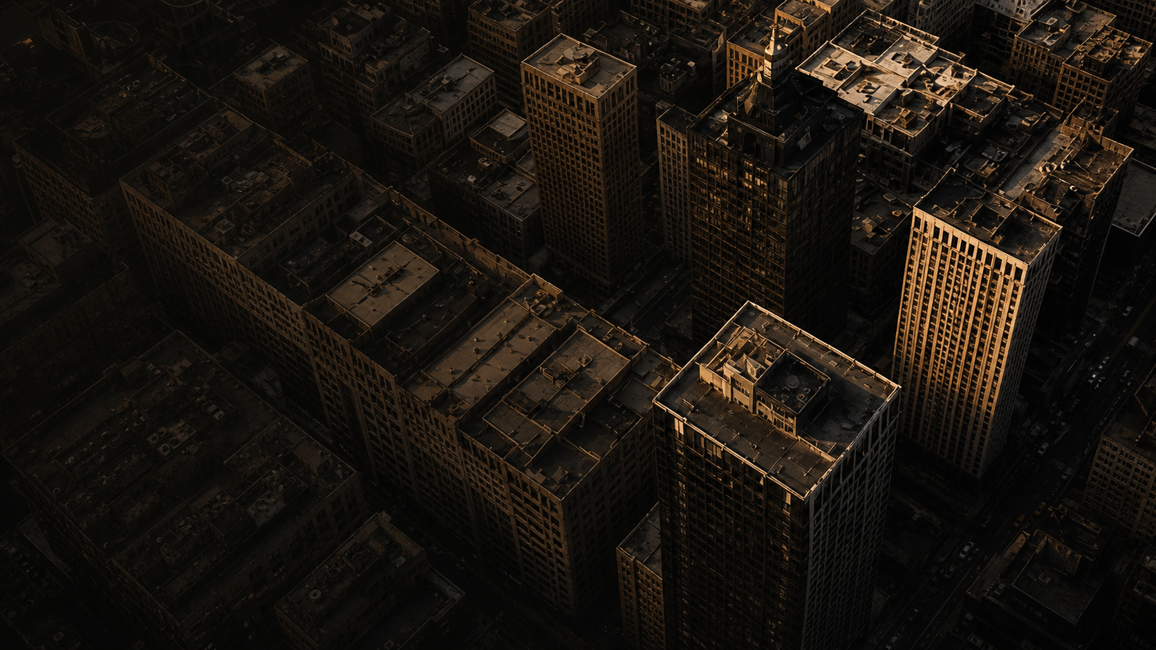 Dense city towers seen from above at dusk