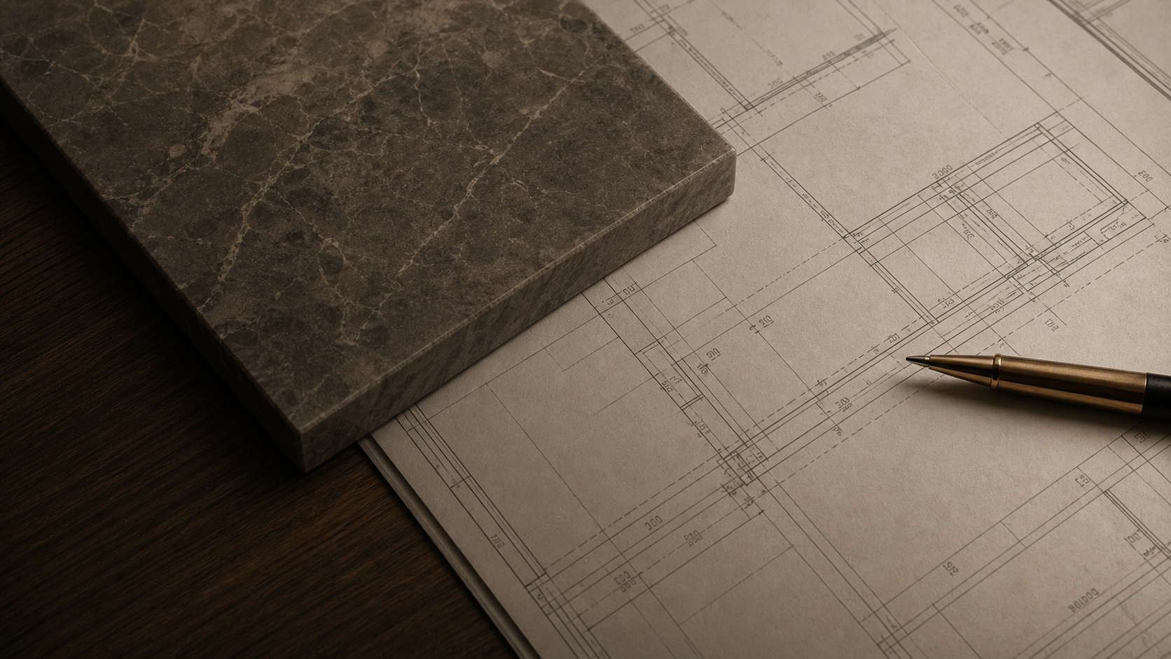 Architectural plans, stone sample, and precision pen