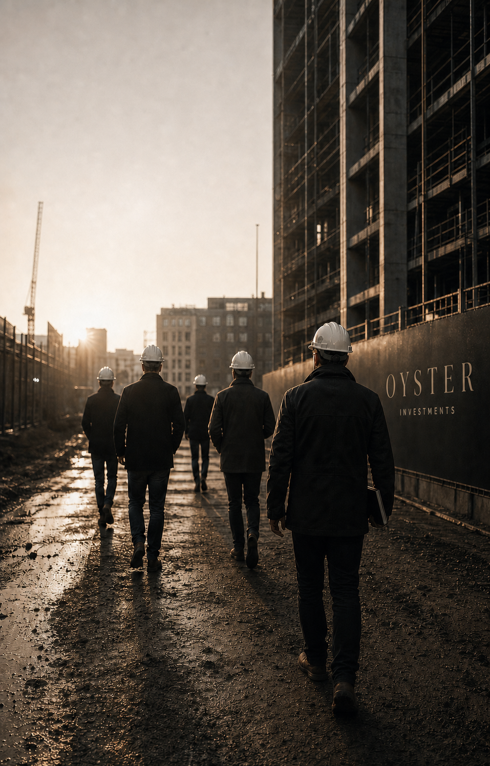 Five investment and development professionals walking beside Oyster Investments construction hoarding