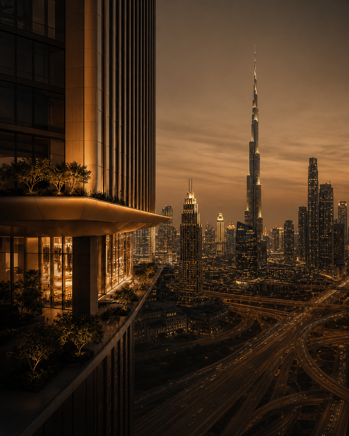 Dubai skyline seen from a contemporary terrace at dusk