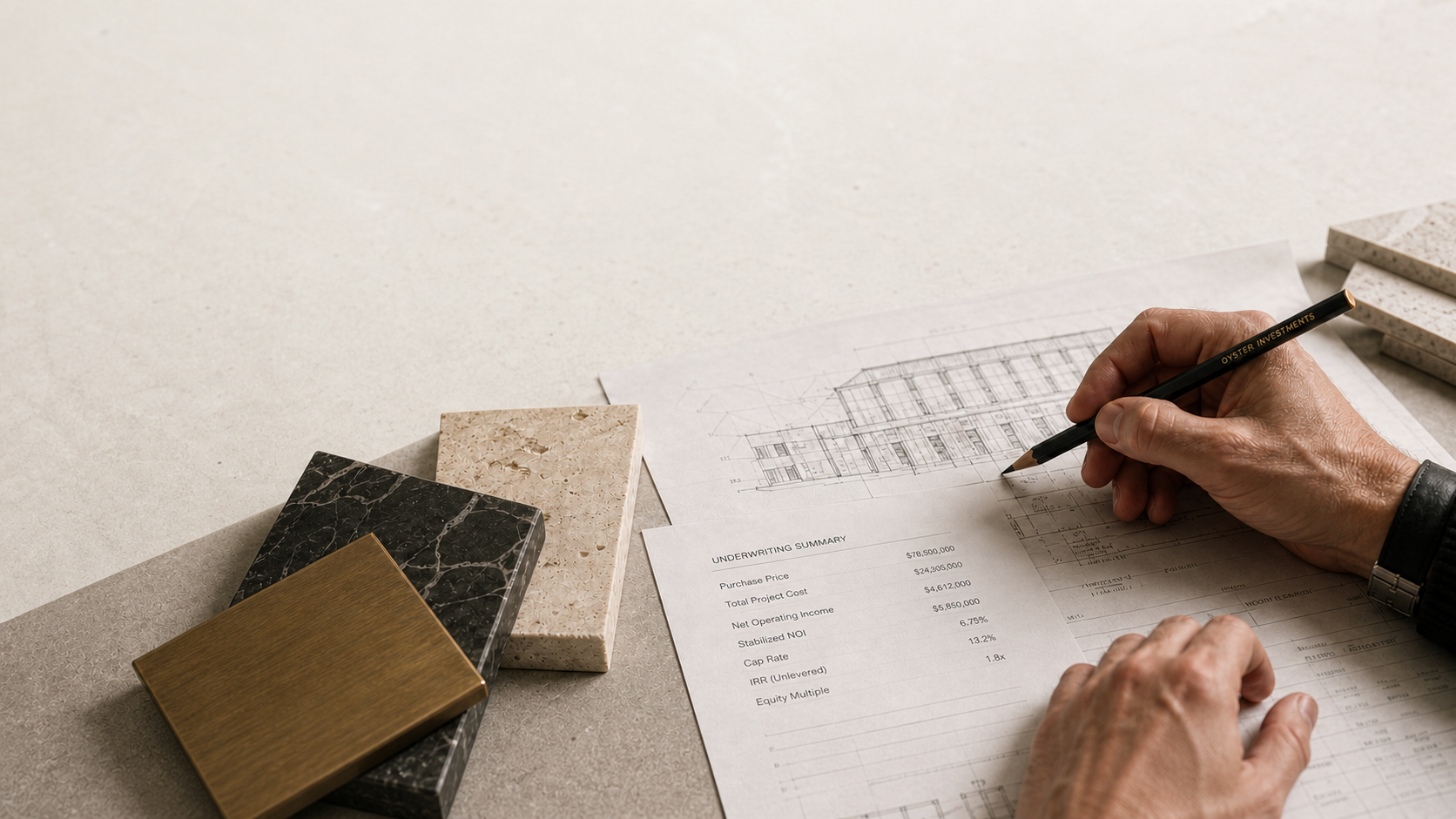 Architectural plans, underwriting review, and material samples