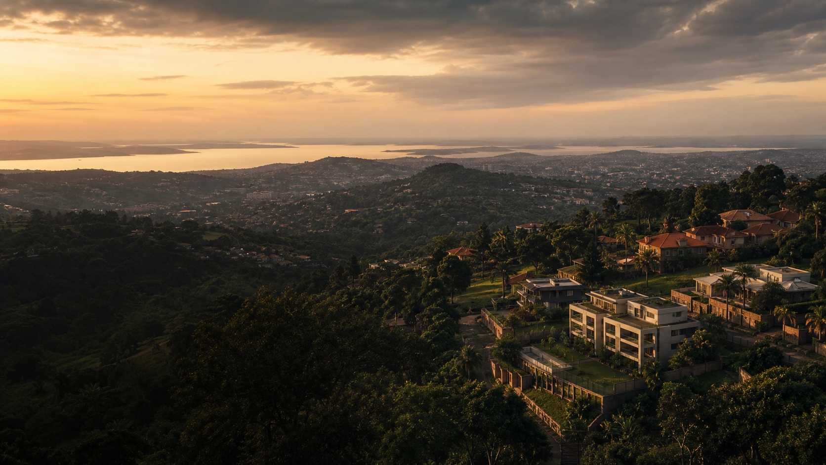 Kampala's green hills and Lake Victoria at golden hour