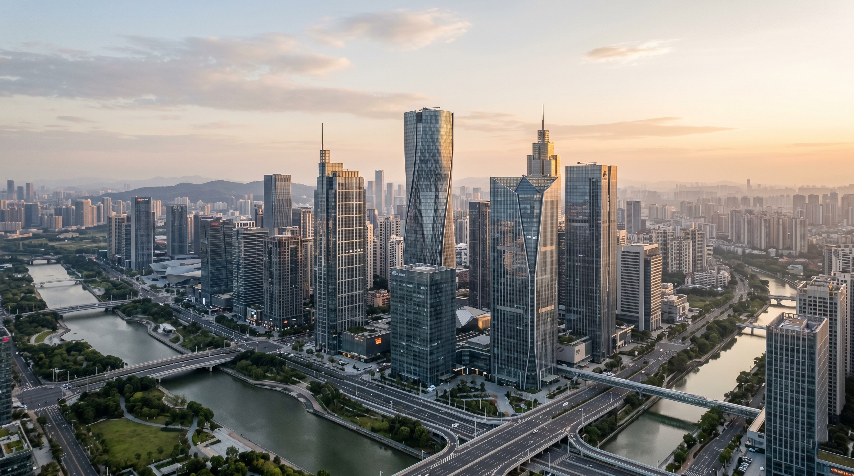City skyline at dusk