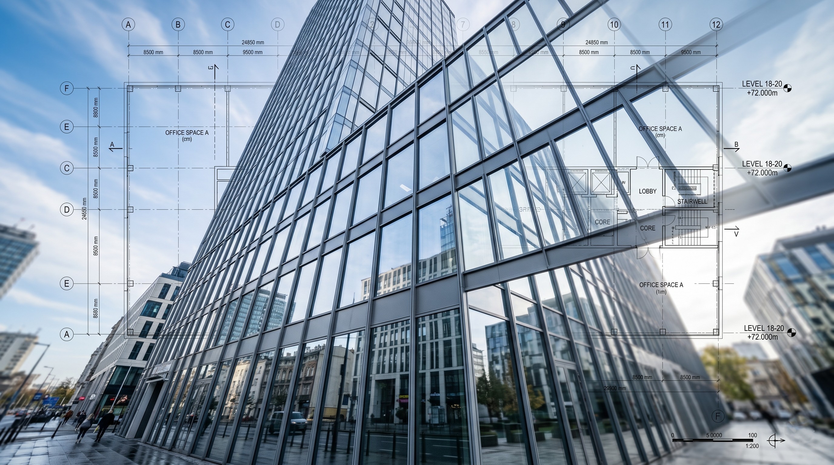 Glass building with floor plan overlay