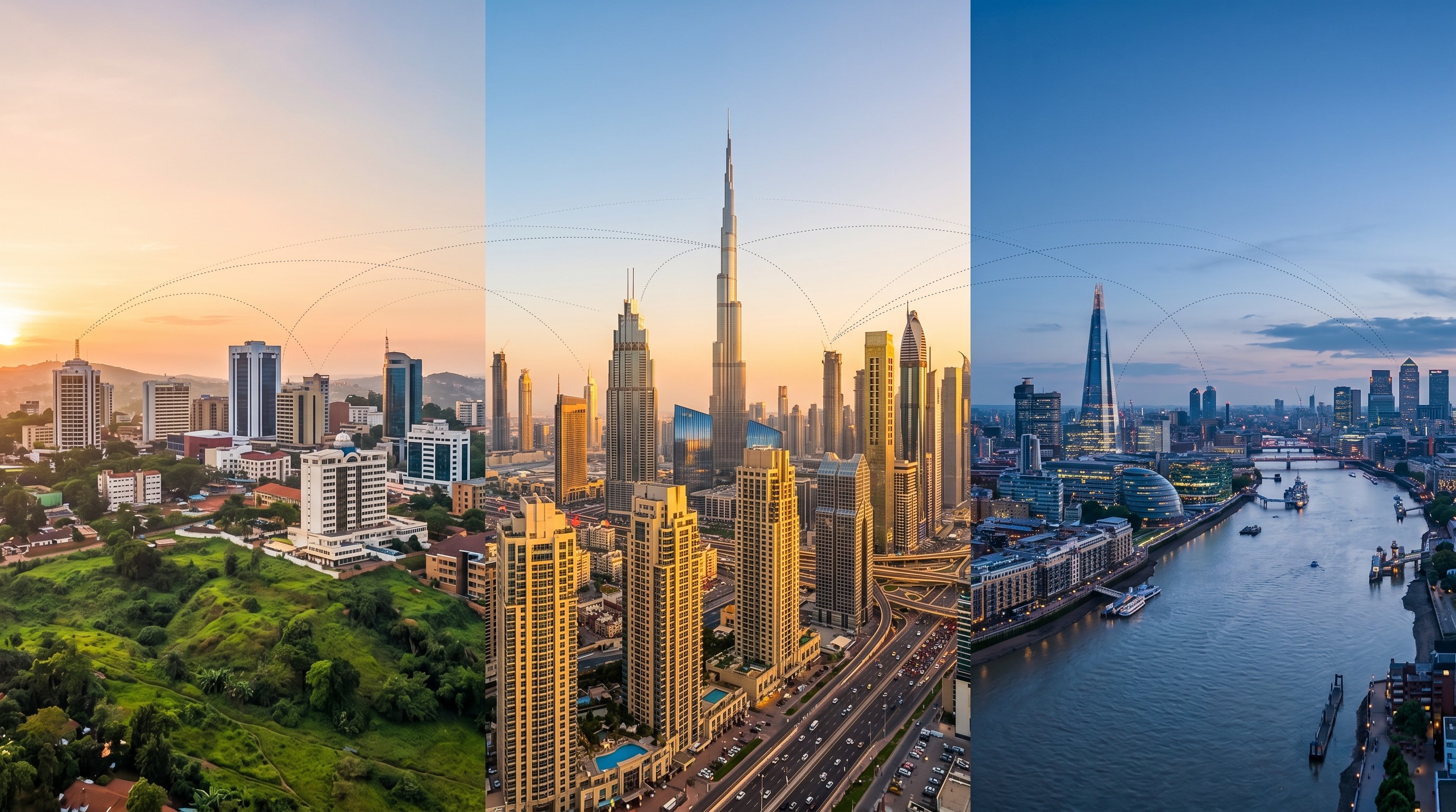 Kampala, Dubai, and London city montage